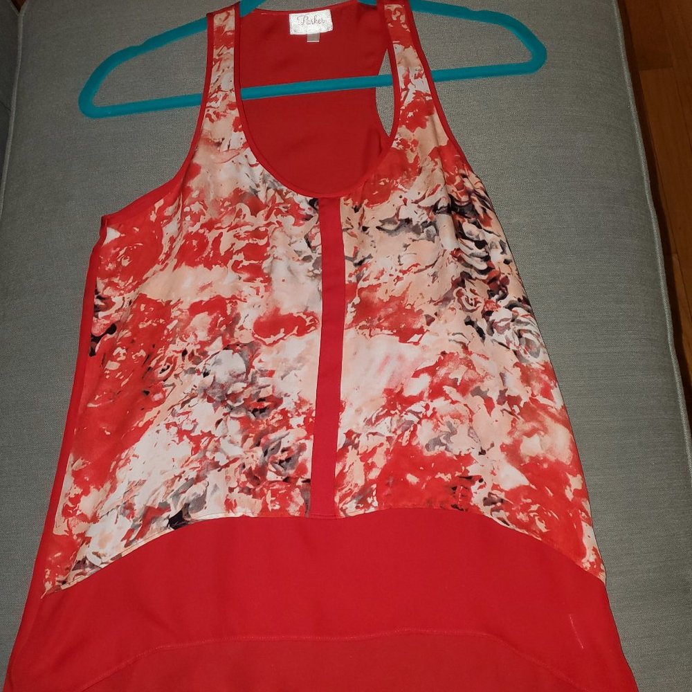Parker 100% Silk Abstract Floral Racerback High Low Tank Top Red S